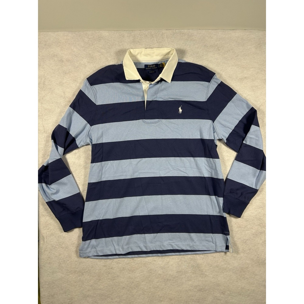 Polo Ralph Lauren Mens Large Rugby Shirt Long Sleeve Navy Blue White Striped